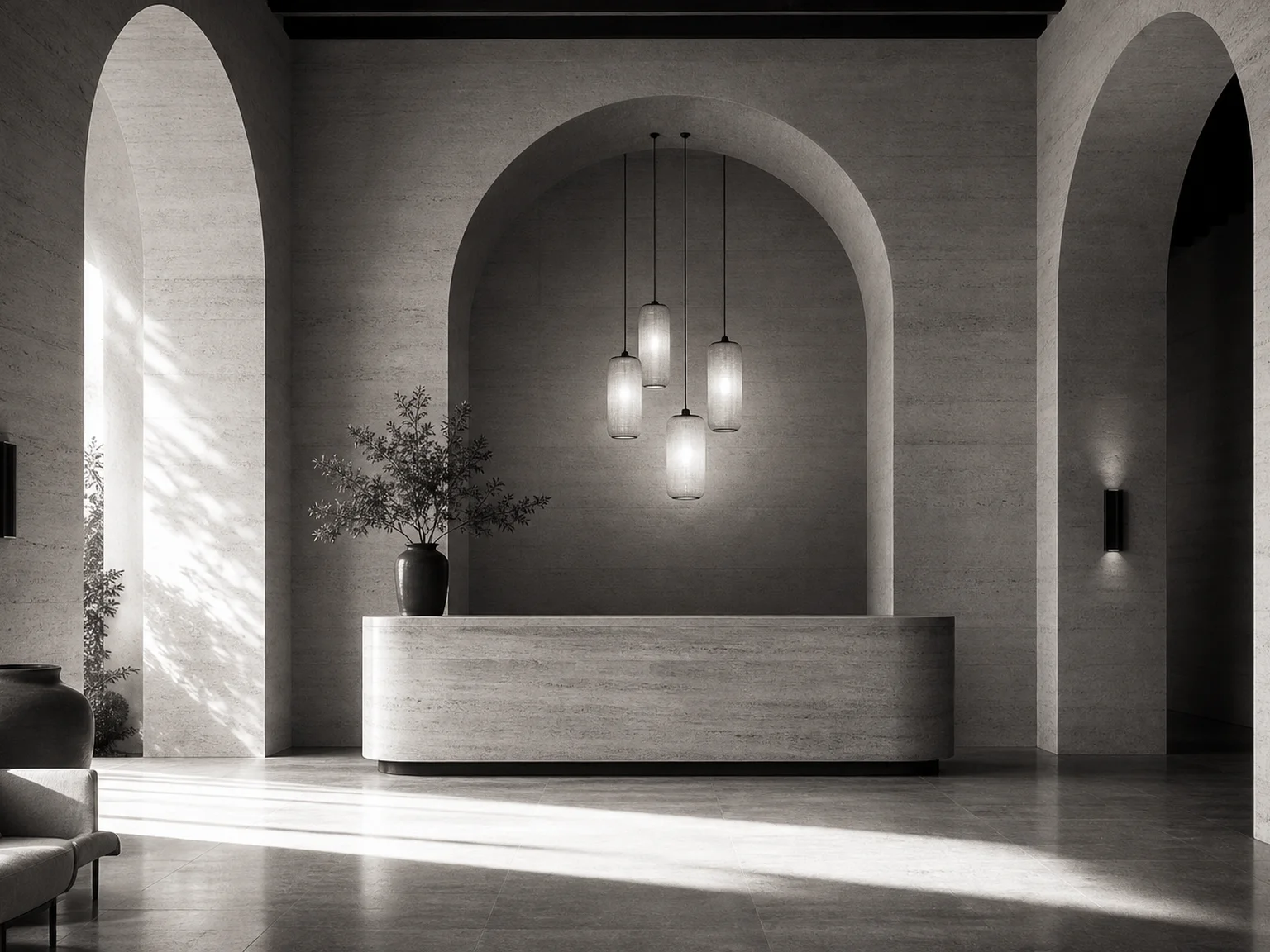 Travertine hotel lobby with arched openings