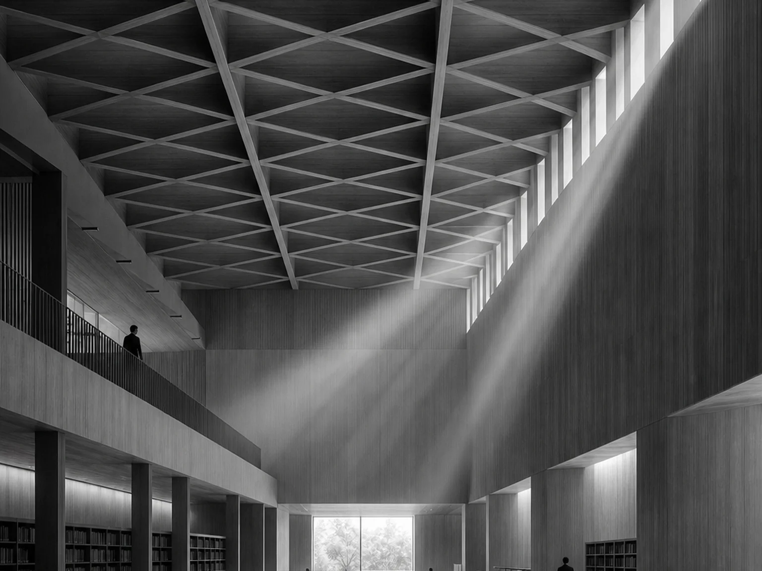 Library reading hall with timber lattice ceiling