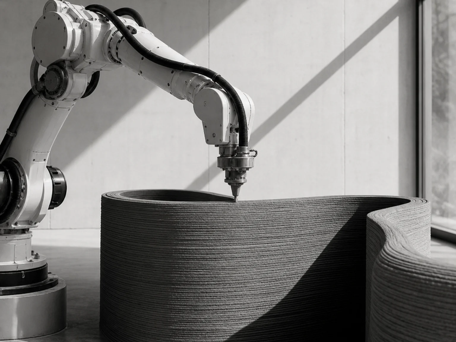 Robotic arm 3D-printing a clay wall