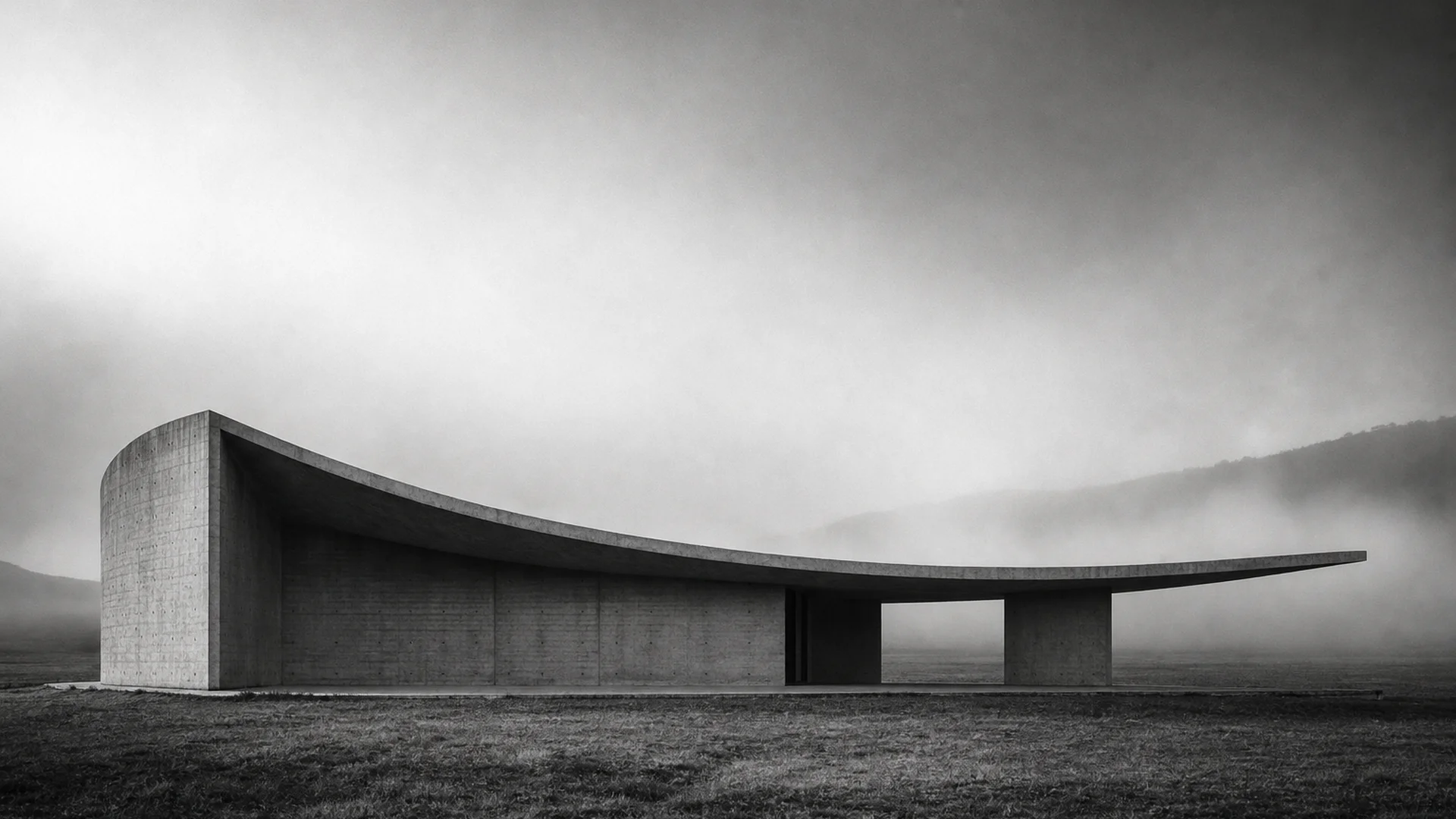 Sculptural concrete pavilion in a misty field