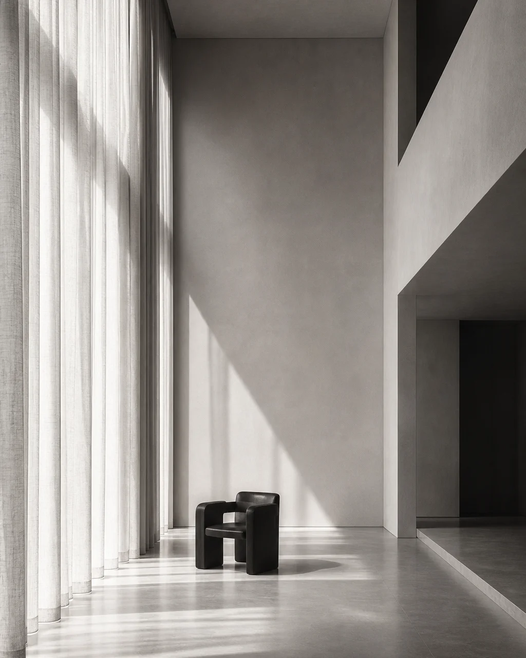 Minimal double-height interior with linen light